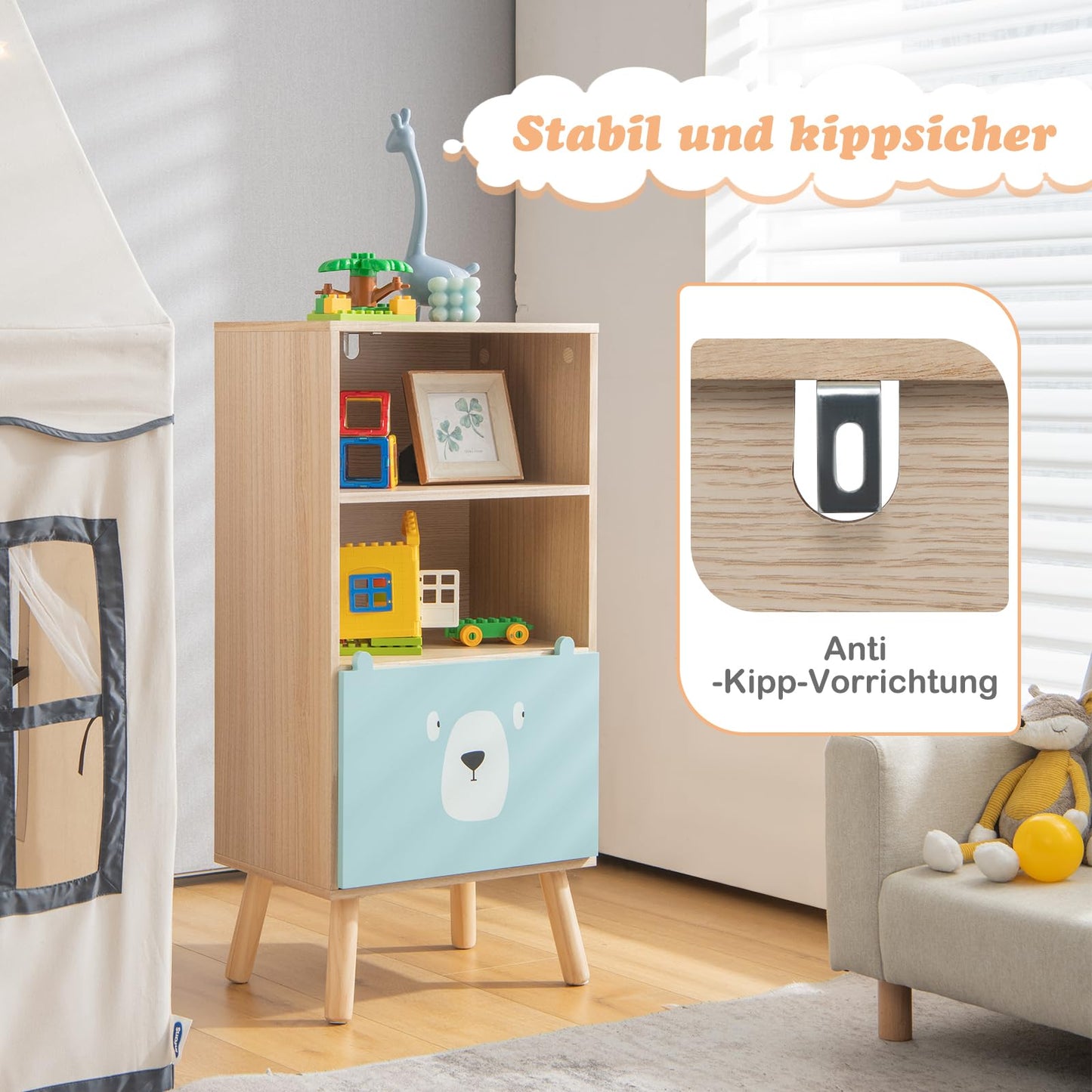 COSTWAY Children's Bookshelf with 3 levels, wooden kids shelf with drawer & 2 open compartments, toy storage shelf for children's room playroom, 40.5 x 29 x 85 cm (Model 1)