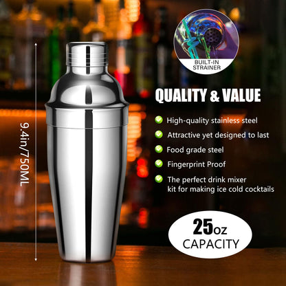 AOKITO Cocktail Shaker Set - 750ML Stainless Steel Bartender Kit, 12 Pieces, Gift for Men, Women & Friends, Stylish Bar Tool Set with Cocktail Recipe Book.