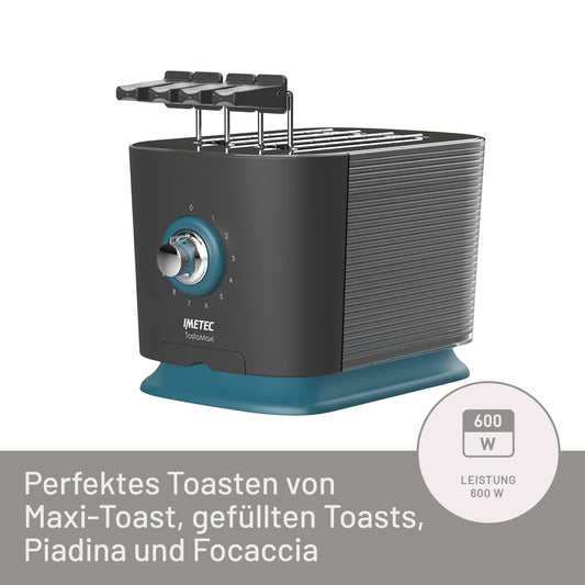 Imetec TostaMaxi Toaster, 2 extra-large slots and openable tongs for thick toast, 10 browning levels, timer with automatic shut-off, crumb tray, 600W.