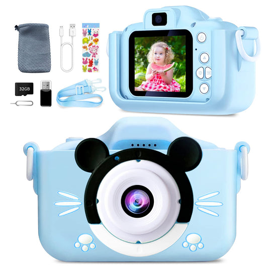 Kids camera, mini digital camera, rechargeable, camcorder, photo and video, gift for girls and boys ages 6+, with 32GB card/1080P HD/silicone protective case, shockproof (blue)