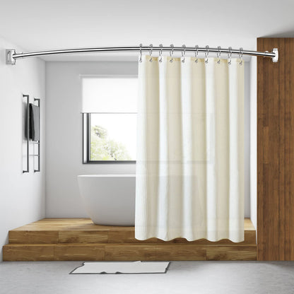 Curved shower curtain rod made of 304 stainless steel, includes 18 stainless steel curtain rings. Telescopic and adjustable from 110 to 180 cm for bathroom and bathtub, easy drill installation.