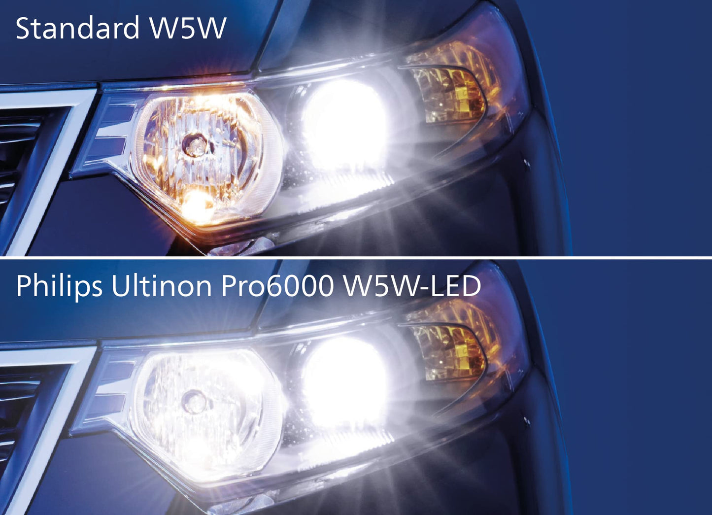 Philips Ultinon Pro6000 W5W T10 LED vehicle lighting with road approval, 6,000K, model-specific approval as position/parking light, universally usable in vehicle interior.