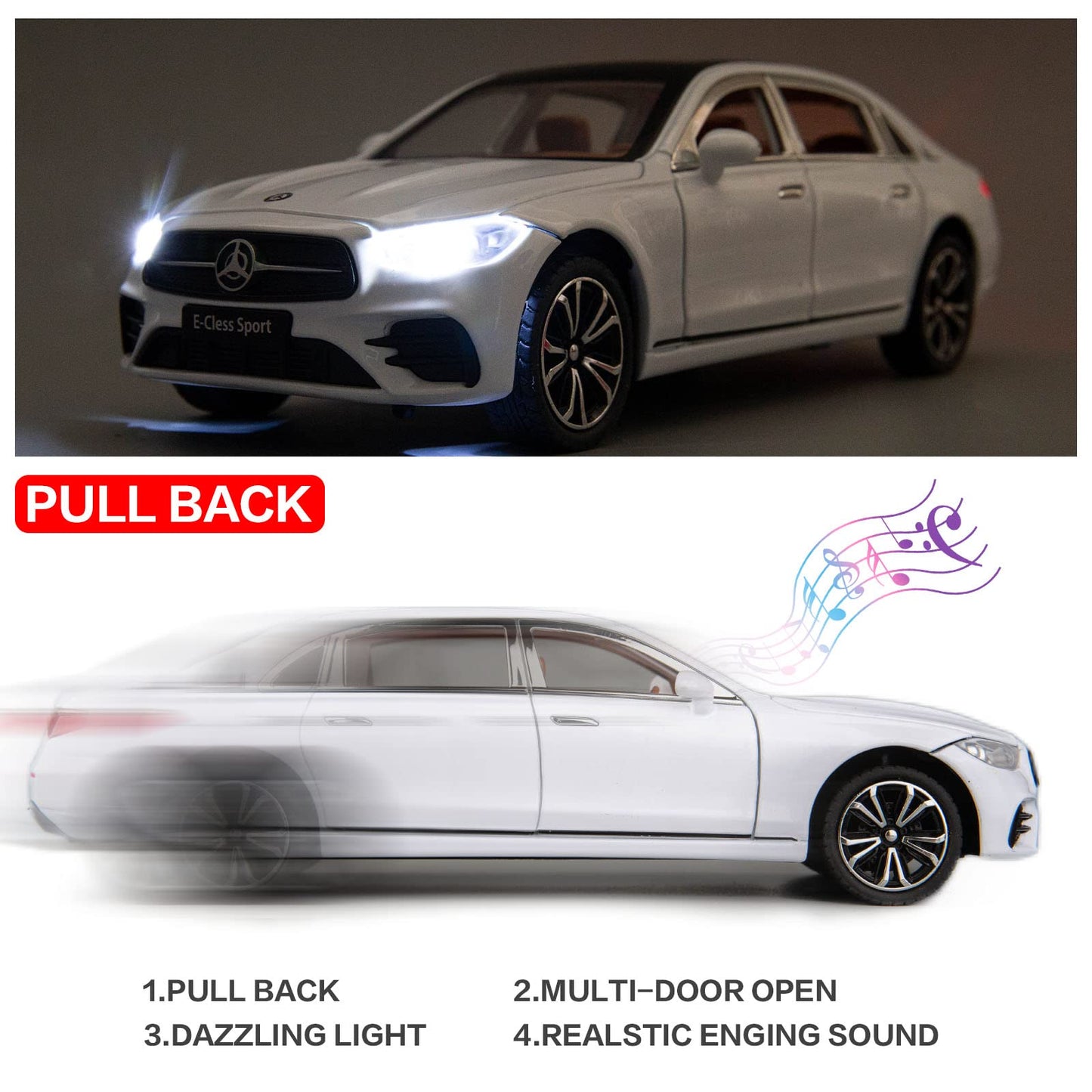 TGRCM-CZ 1/24 Benz E300 model car, made of zinc alloy, pull back toy, die-cast toy cars with sound and light, for kids, boys, girls, gift (white)