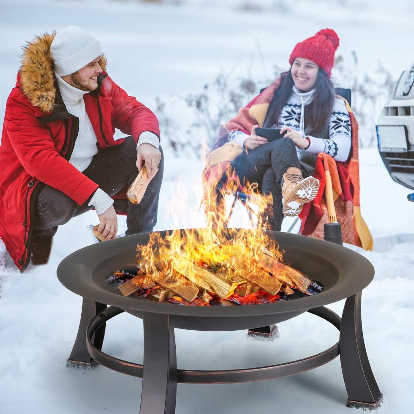 TLGREEN fire pit with spark protection, Φ76cm fire bowl with grill grate, retro-style fire pit for the garden, BBQ fire pit grill, stable and functional, black, large.