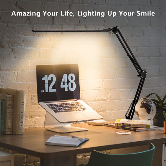 LED desk lamp, dimmable and clippable architect lamp with swing arm, memory function, and USB port. Office table lamp with 3 color temperatures and 10 brightness levels for reading, working, learning. 12W.