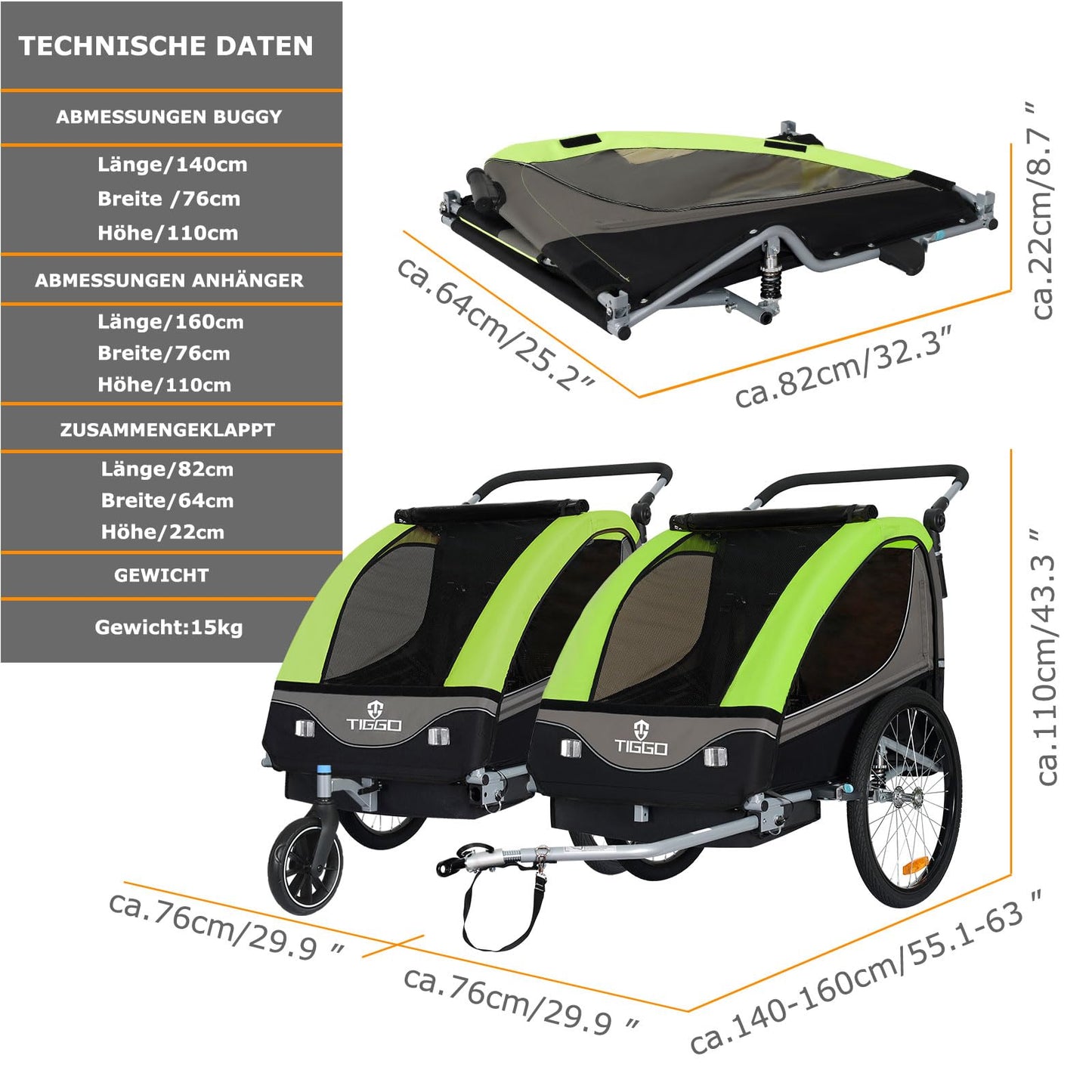 Tiggo S2 child trailer with suspension jogger 2 in 1 child buggy bike trailer trailer 360° rotatable