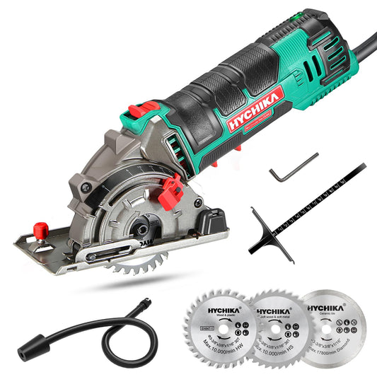 HYCHIKA Mini Circular Saw, Hand Saw with 3 Blades, Scale Ruler, 500W Pure Copper Motor, 4500RPM, Ideal for Wood, Soft Metal, Tile, and Plastic Cuts.