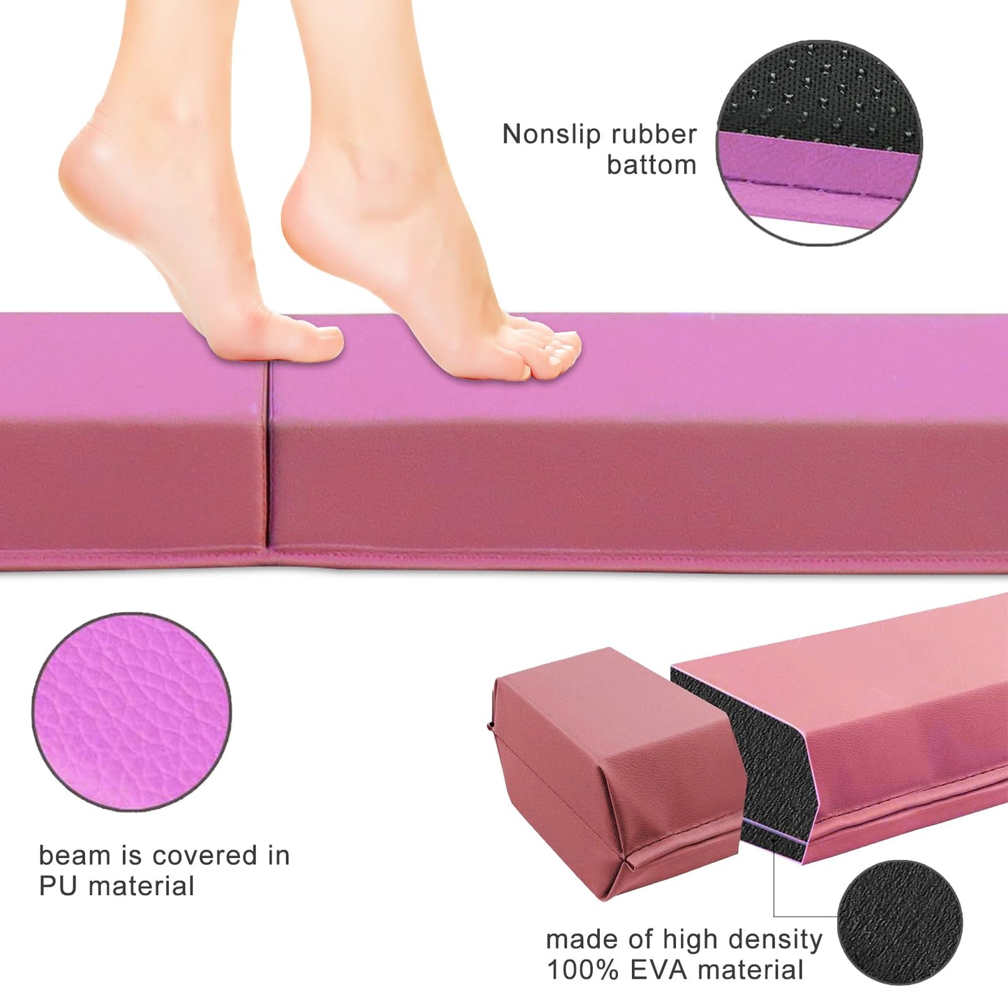SportBob Balance Beam for Kids, foldable gymnastics beam 300cm PU leather balance beam for home training. Suitable for children's fitness and gymnastics.