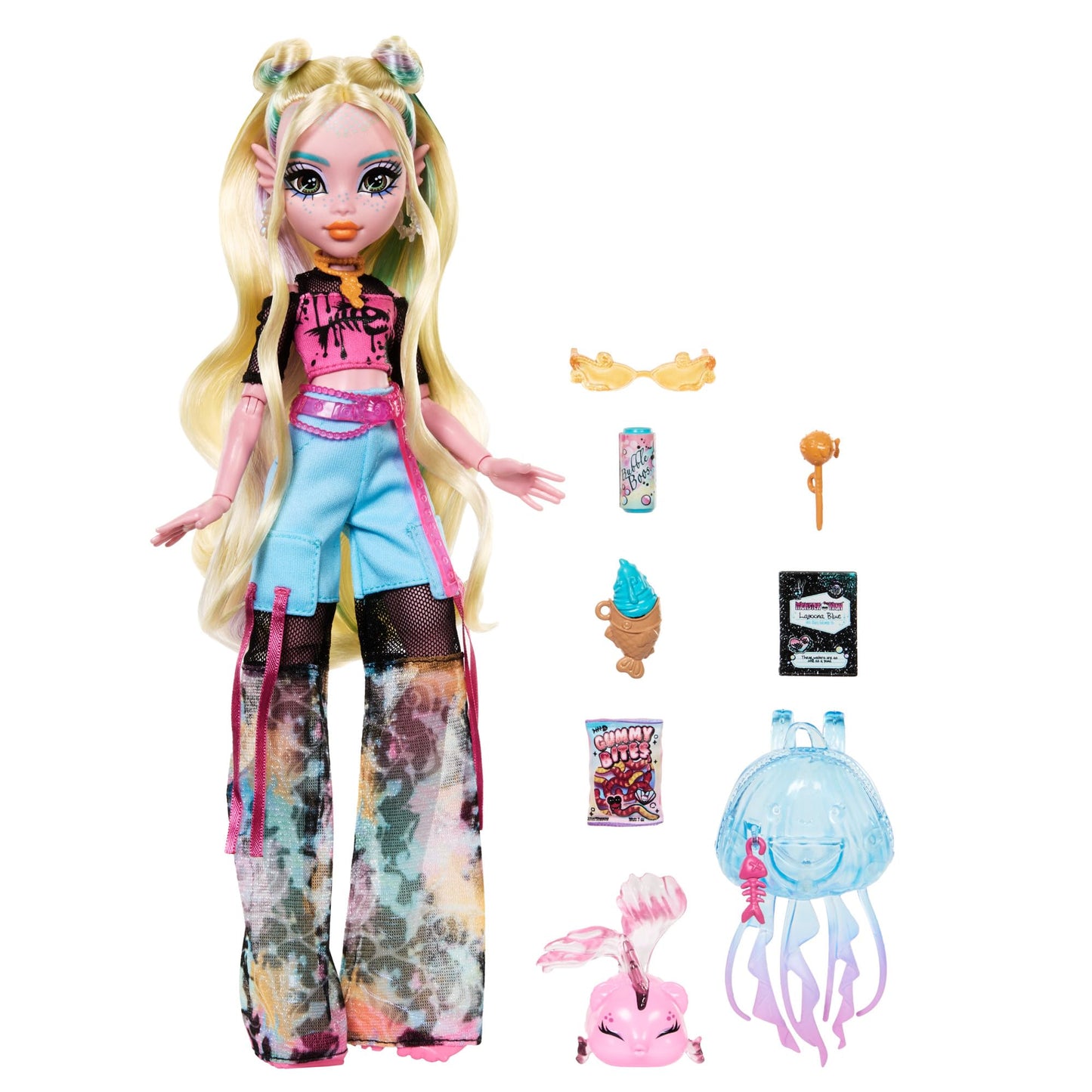 Monster High Lagoona Blue doll in mesh T-shirt and cargo pants with pet fish Neptuna and accessories like backpack, snacks, and notebook, HXH75