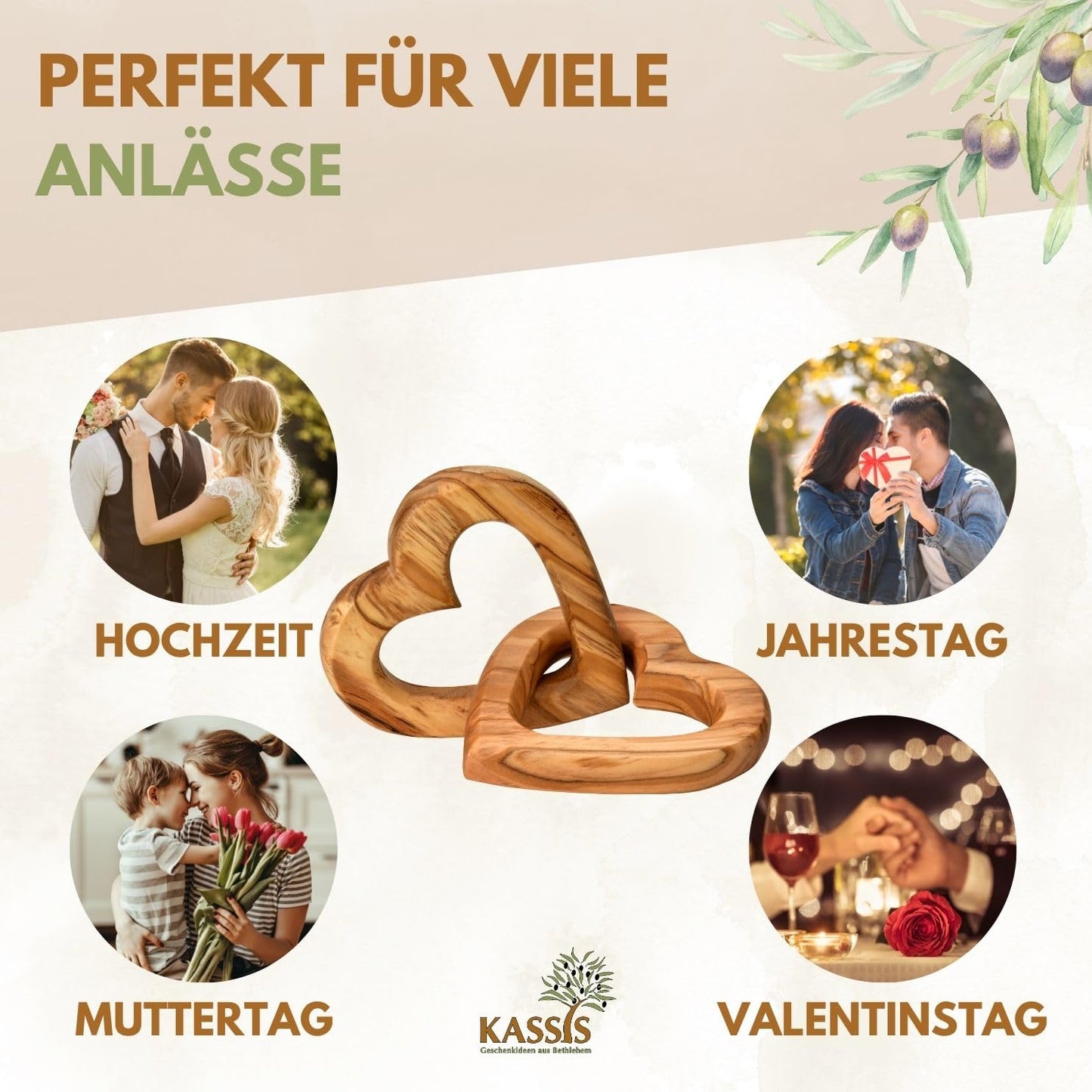 Kassis Gift Items Personalized Olive Wood Hearts for bride and groom, for Valentine's Day, anniversary, wedding day, birthday - connected wooden hearts - wedding gift - (7.50 cm)