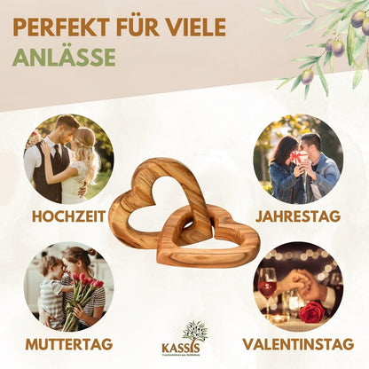 Kassis Gift Items Personalized Olive Wood Hearts for bride and groom, for Valentine's Day, anniversary, wedding day, birthday - connected wooden hearts - wedding gift - (7.50 cm)
