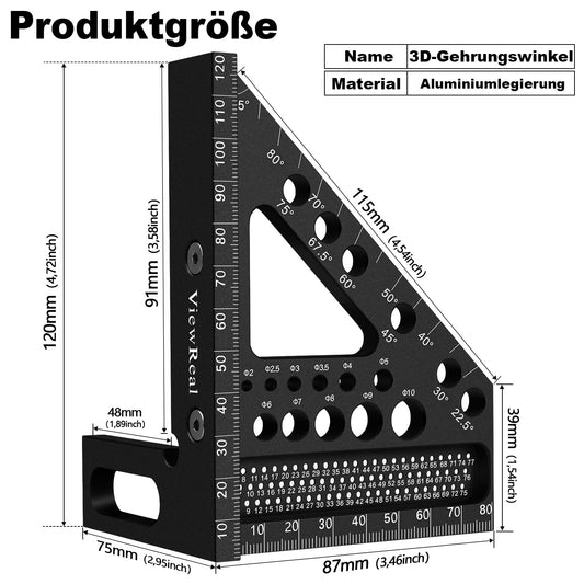 3D miter angle multifunctional 22.5-90 degree angle gauge aluminum alloy high precision layout measuring tool marking tool woodworking measuring tools for carpenters, engineers black