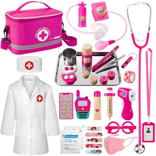 EFO SHM Doctor's Kit for Kids Wooden Doctor's Case with Real Stethoscope, Doctor's Coat, Doctor's Bag, Thermometer, and Syringe - Gift for Children Role-Playing Toys from 3 years