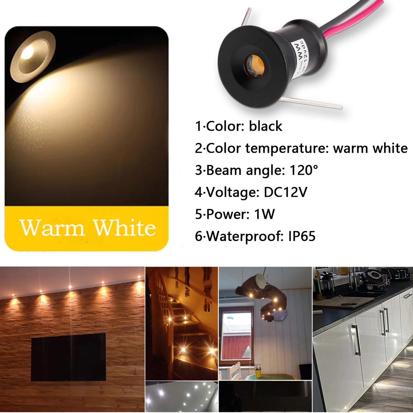 kpslucerna Mini LED Spot recessed ceiling light 9 pieces 12V 1W, the built-in lamp, IP65 spot, Built-in ceiling light for kitchen, stairs, closet, hallway (Black cover warm white 120°)