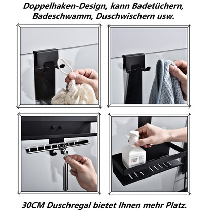 HomeHeng hanging shower caddy, 2-tier shower shelf in matte black, SUS304 stainless steel double shower basket with hooks for glass shower enclosure, H30MB-2DH