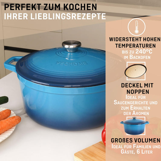 VeoHome Cast Iron Pot 6L | Roaster | Cast Iron Pot Blue - Braising Pot | Roasting Pot | Frypan | Cooking pot| Stews or roast dishes Stew, Bread baking | Dutch Oven | Oven safe | Enamel