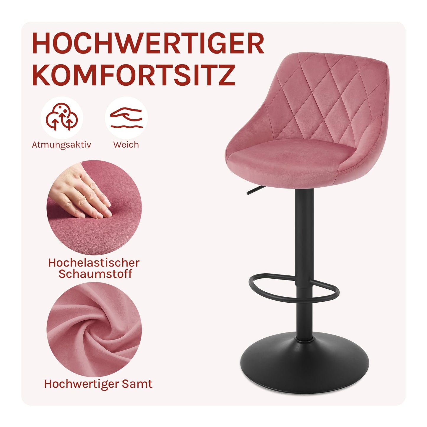 WOLTU Set of 2 Bar Stools, Bar Chairs with Backrest, Height Adjustable Swivel, Padded Velvet Seat, Non-Slip Metal Base, for Kitchen Home Bar, Pink