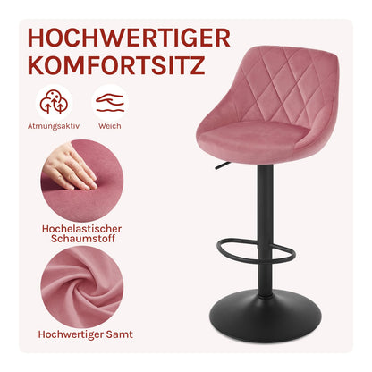 WOLTU Set of 2 Bar Stools, Bar Chairs with Backrest, Height Adjustable Swivel, Padded Velvet Seat, Non-Slip Metal Base, for Kitchen Home Bar, Pink
