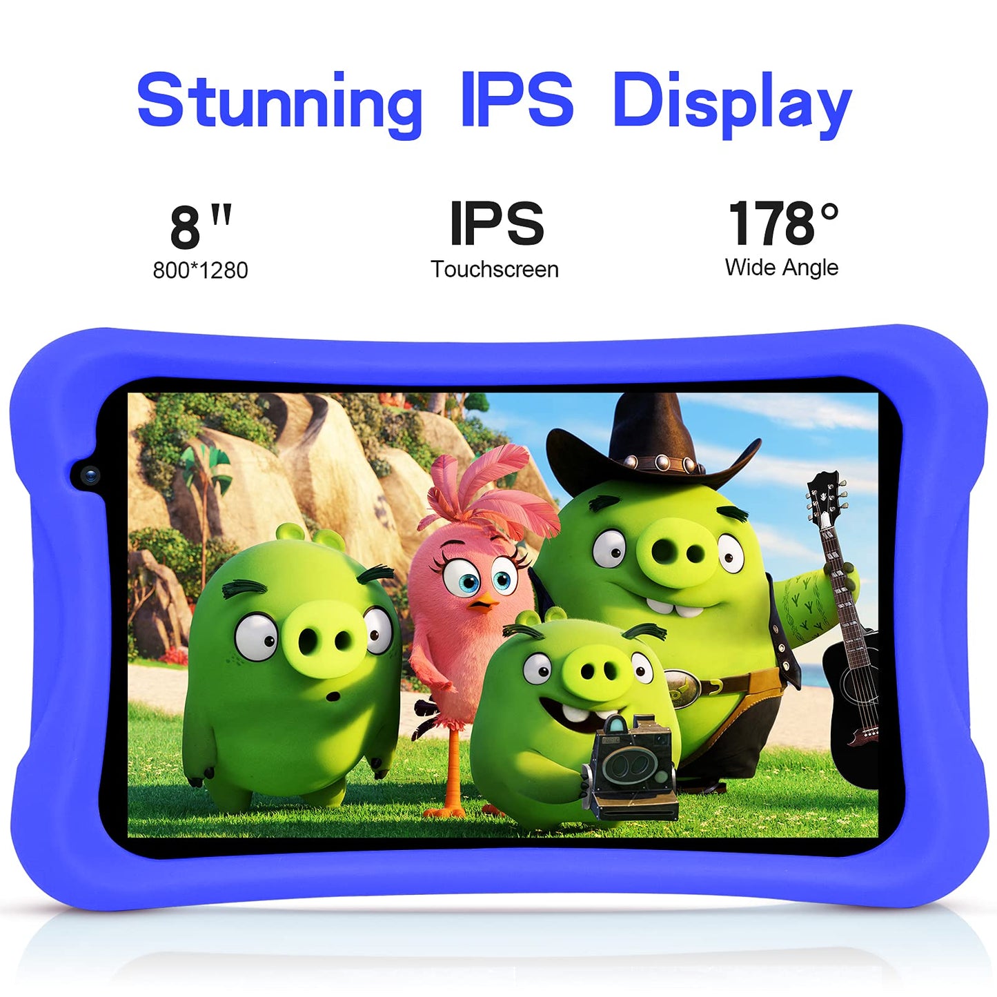 PRITOM Android 10, 8-inch kids tablet, parental control, kids apps, quad-core processor, 2GB RAM, 32GB ROM, HD IPS screen, dual rear camera, with kids tablet case (blue)
