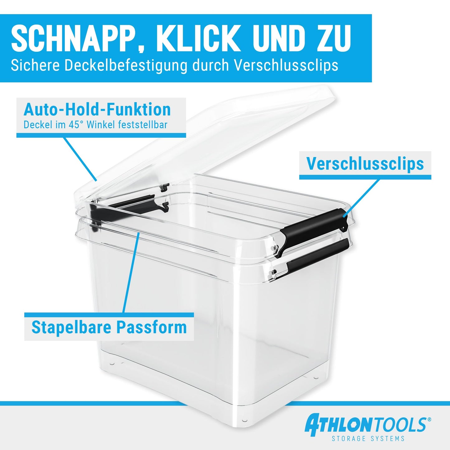 ATHLON TOOLS 4x 80L storage boxes with lids, food safe - snap-on clips - 100% new material plastic box transparent - stackable clothes boxes