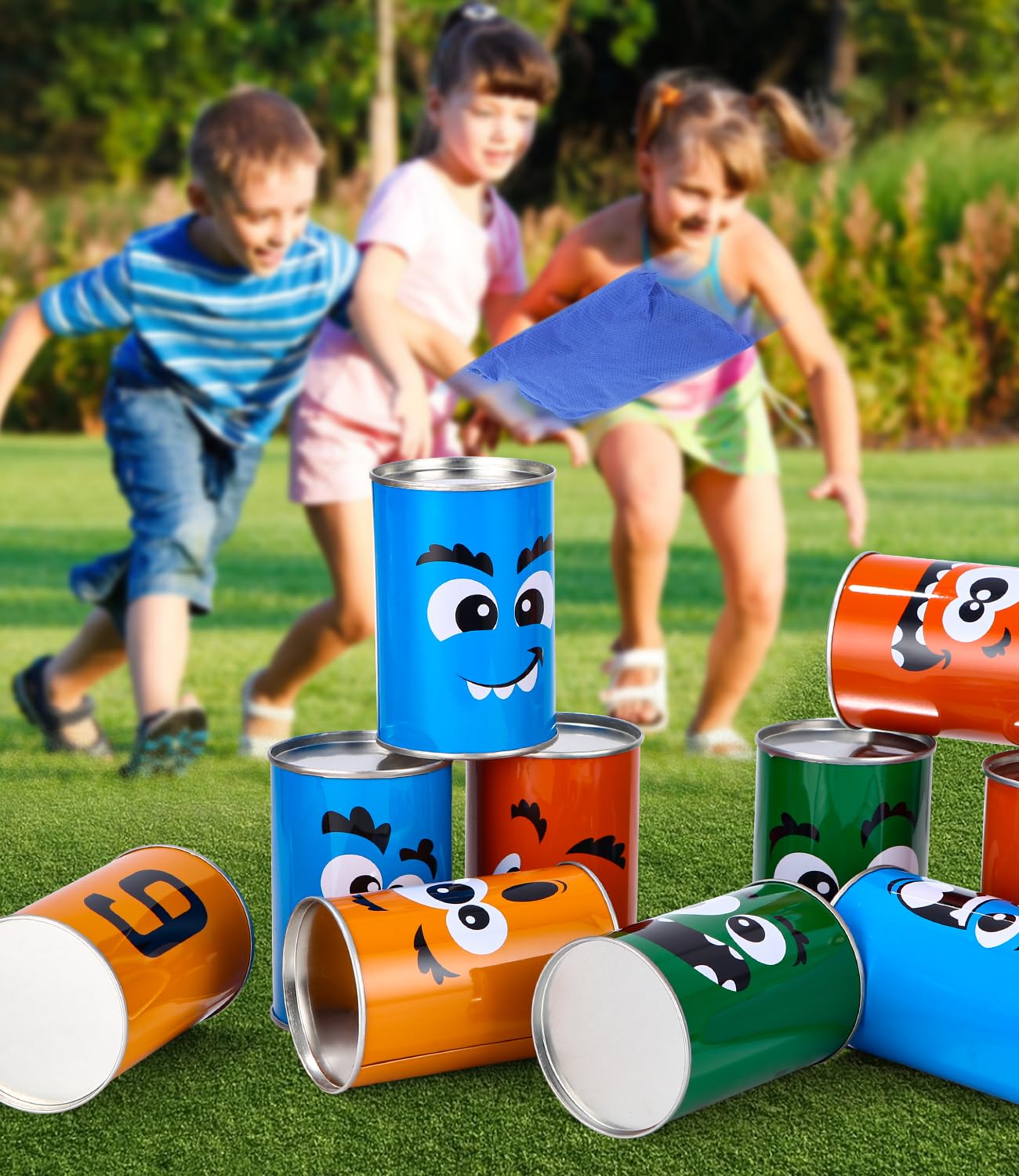 Can toss game for kids, 10 cans and 3 bean bags throwing game, kids outdoor games, children's garden games, children's birthday party games.