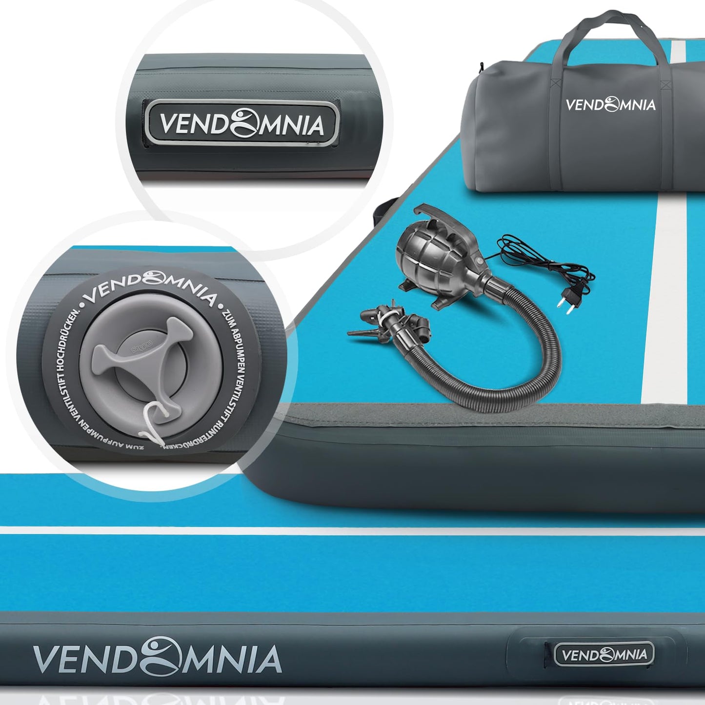 VENDOMNIA Airtrack Mat, 10/20cm high inflatable gymnastics mat in lengths 1/2/3/4/5/6/7/8m, with electric pump & bag, tumbling mat, gymnastics mat, training mat, fitness mat, sports mat, yoga.