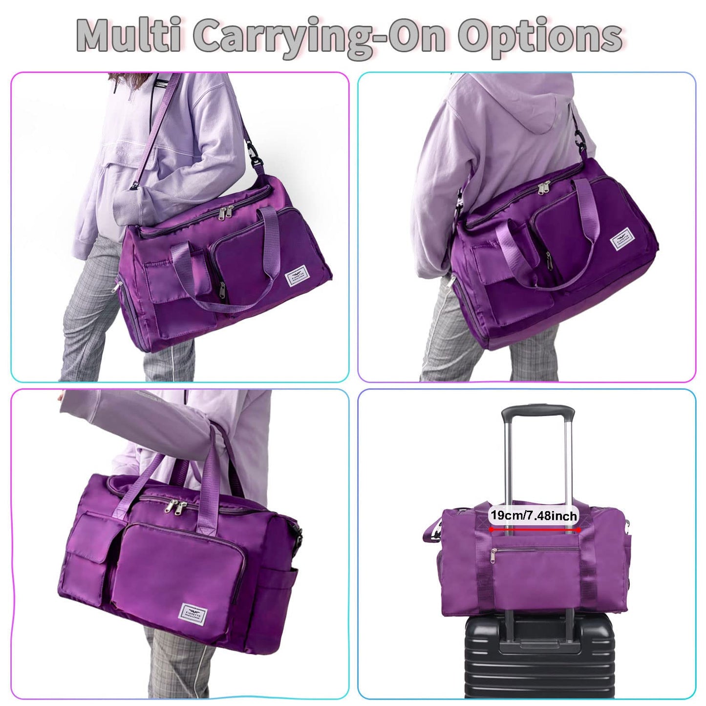 FIORETTO 35L Women's sports bag with shoe compartment and wet pocket, water resistant weekender gym travel bag, carry-on bag for women and men. Grape purple.