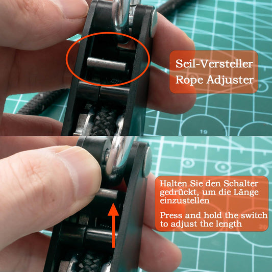 Pulley system with rope tensioner, rope ratchet with 5m rope, pulley with tent tensioner, guy ropes with rope brake. Suitable for camping, sunshades, tents. 4 pieces.