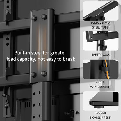 Universal swivel TV stand/tabletop TV stand for 27 to 60 inch TVs. It swivels 80 degrees, has 4 levels of height adjustment, a heavy-duty tempered glass base, and can hold up to 45kg screens. Model HT04B-001P.