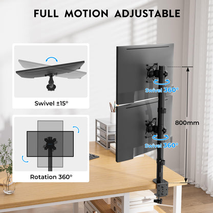 BONTEC Dual Monitor Stand for 13-34 inch screens, Height Adjustable, Swivel, Max. 10kg per monitor, VESA Compatible, Cable Management, C-Clamp & Grommet Mounting, Ergonomic for Home Office & Gaming.