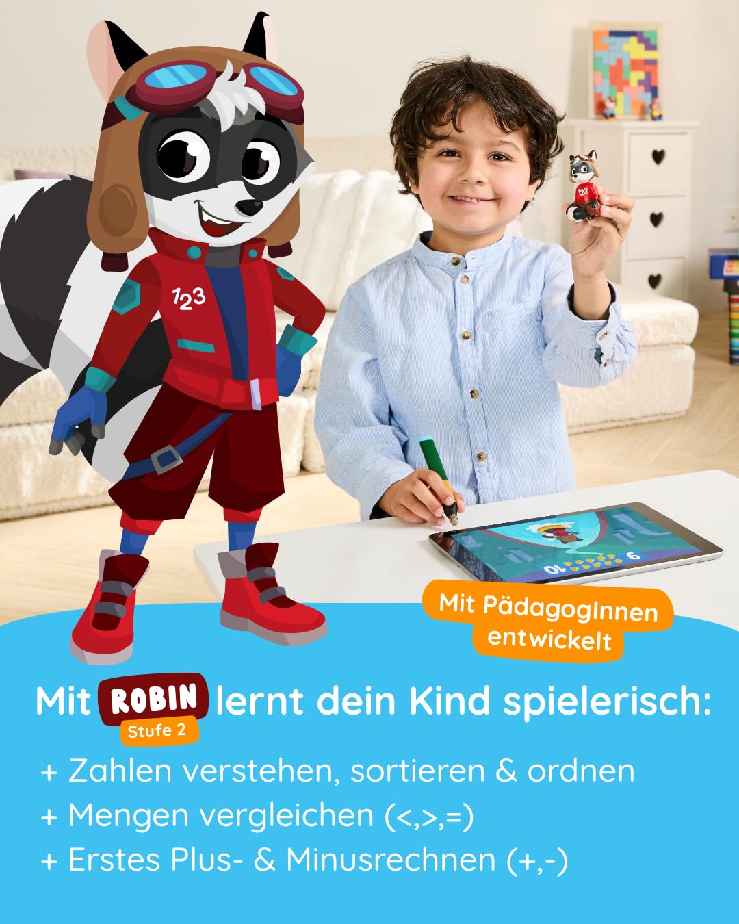 Edurino Figure Robin First Arithmetic up to 10 (Level 2) from 4 years including app | Innovative and digital learning game | Number comprehension | Sorting & ordering numbers | First addition & subtraction.