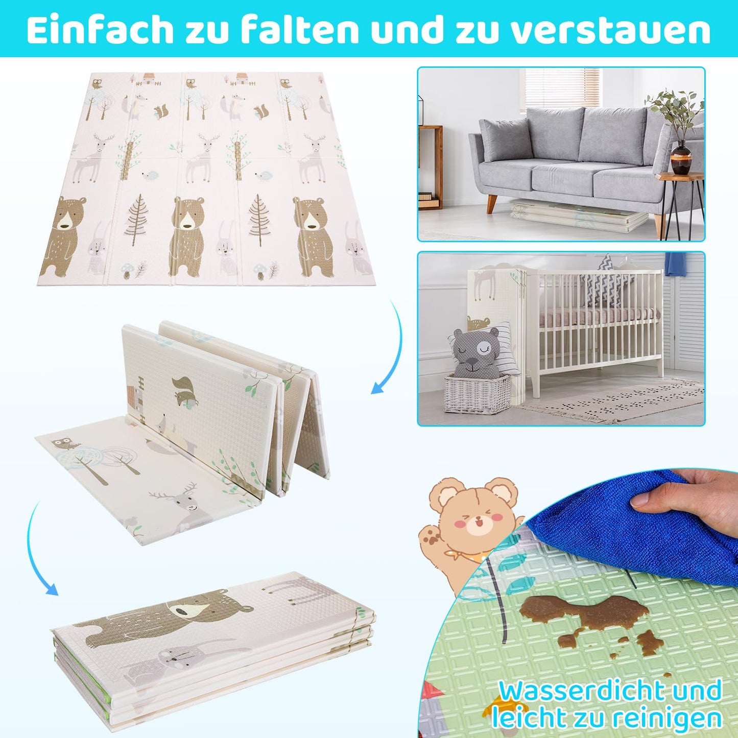 Baby crawling mat, 200x180x1cm, XXL, baby play mat, non-toxic odorless XPE foam base, kids mat non-slip waterproof on both sides, easy to clean, foldable baby crawling mat, baby gift.