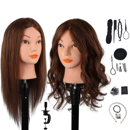 DaizySight Adult Mannequin Head 100% Real Hair, Hairdressing Training Head for Styling and Children, Practice Head Mannequin with Clamp and Hairstyling Tool, Length: 46cm, Dark Brown