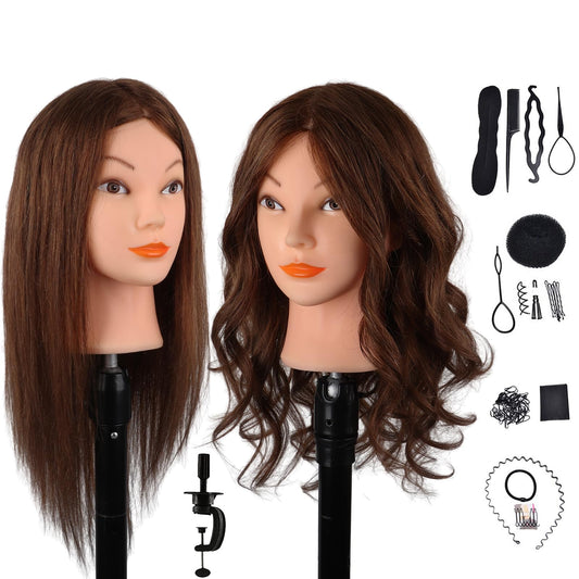 DaizySight Adult Mannequin Head 100% Real Hair, Hairdressing Training Head for Styling and Children, Practice Head Mannequin with Clamp and Hairstyling Tool, Length: 46cm, Dark Brown