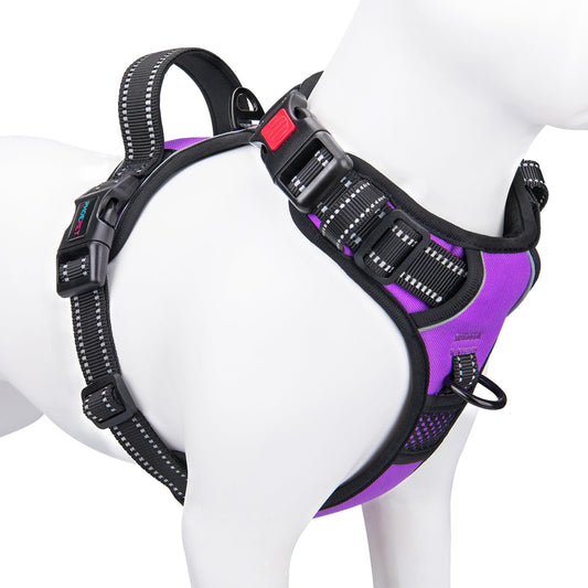 PHOEPET No Pull Dog Harness for Small Dogs, reflective, adjustable front clip vest with handle, 2 metal rings, 3 buckles [easy to put on and take off] (M, Purple)