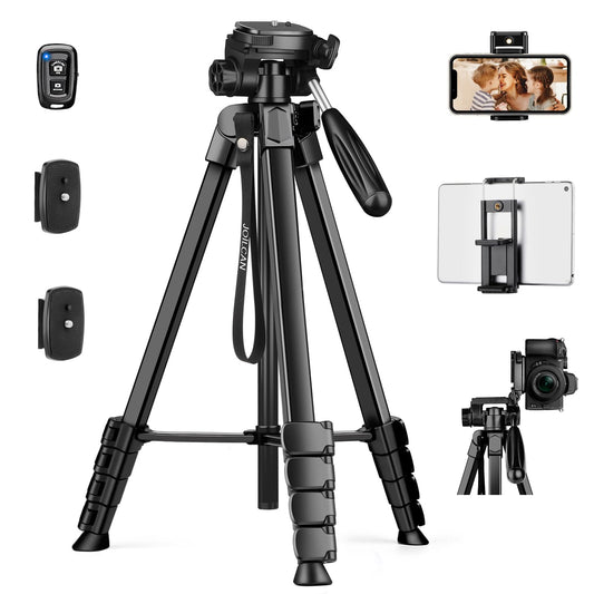 JOILCAN Camera Tripod, 173cm lightweight phone tripod for Smartphone/iPhone/iPad with detachable head, portable aluminum travel tripod with remote control and phone & tablet holder, load capacity 3.6KG