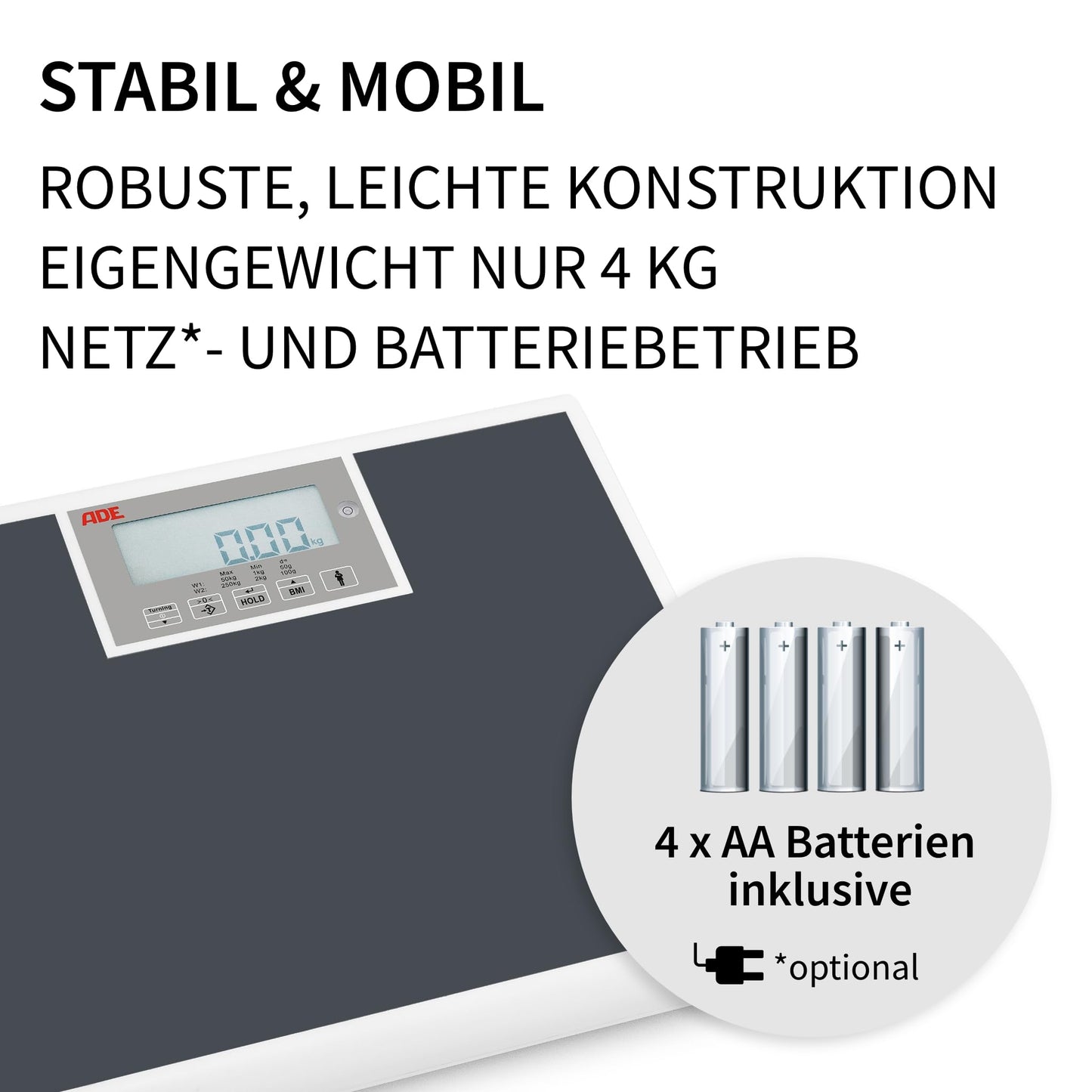 ADE medical personnel scale M320600 professional scale up to 250 kg, extra wide weighing surface, MPG approved, non-calibrated - BMI, hold function, rotatable display