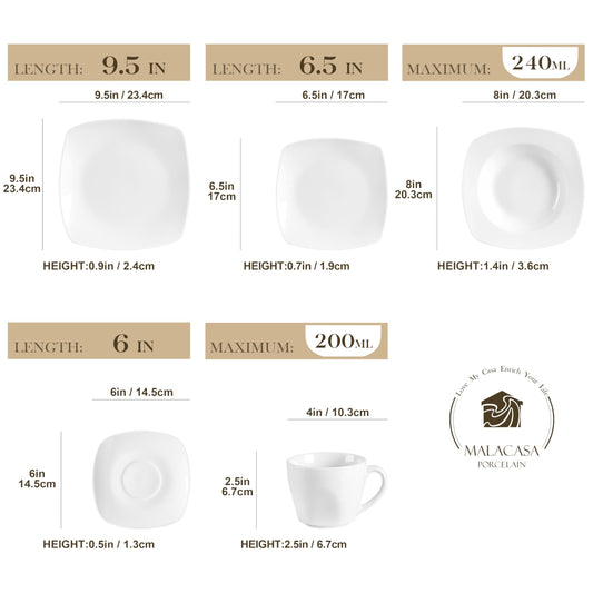 MALACASA, Julia series, tableware set for 12 people, 60 pieces porcelain dinnerware set. Includes dinner plates, dessert plates, soup plates, coffee cups, and saucers, 12 pieces each.