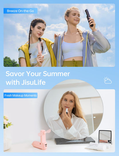 JISULIFE Mini Handheld Fan, 3-in-1 Rechargeable USB Fan [12-19 operating hours] with Powerbank, Flashlight, portable fan for travel/summer, gifts for women - Pink