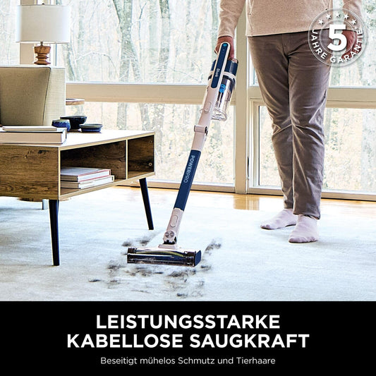 Shark PowerPro cordless vacuum cleaner with up to 50 minutes runtime, bagless, ideal for pet hair, allergies, carpet and hard floors, featuring LED lights and flexible joint pipe, Navy Blue, IZ380EU.