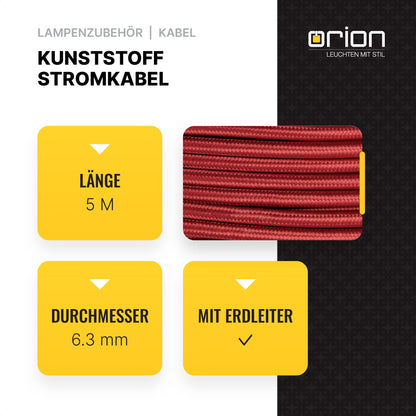 Textile cable for lamps, 5m Bordeaux, 3-core, (3x 0.75mm²) - Plastic power cable with earth conductor, textile wrapped.