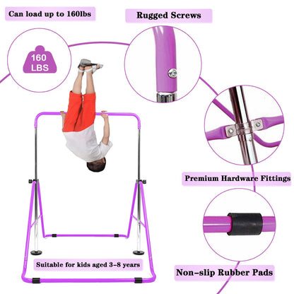FINGER TEN Kids Gymnastics Bar, Horizontal Kip Bar Foldable Gymnastics Training Equipment 4 Heights Adjustable Horizontal Bars, Gymnastics Bar for Indoor Outdoor Home (Purple)