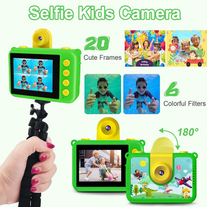 GKTZ kids camera waterproof, 180° rotatable digital action camera for kids, birthday gift toy for children ages 3-12 boys and girls, underwater camera with 32GB SD card, green