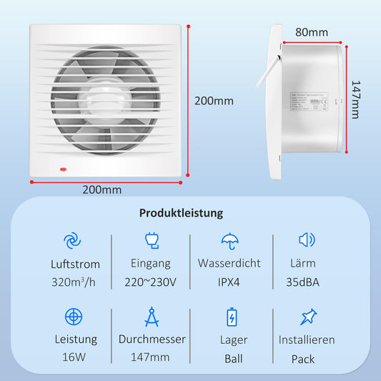 Moonjor 150mm exhaust fan for kitchen, 320m³/h IPX2 fan waterproof bathroom extractor with backdraft damper, 1m EU power cord for kitchen, bathroom, greenhouse, garage.