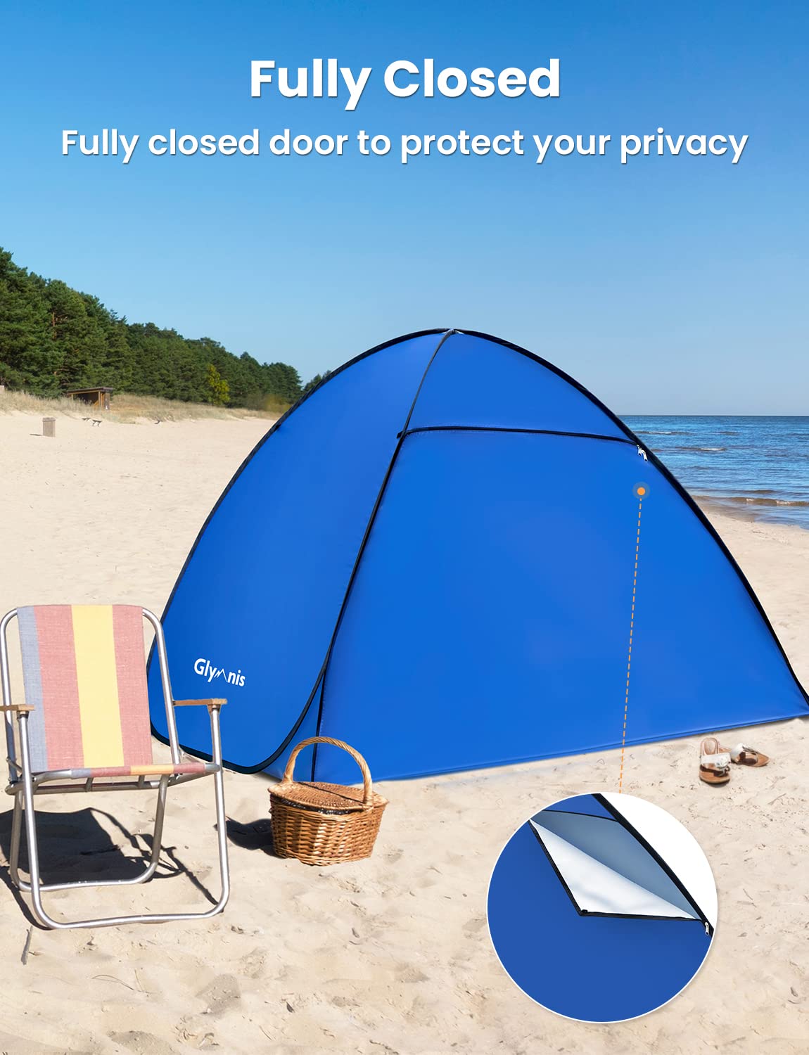 Glymnis Pop Up Beach Tent with Zipper Door UV Protection 50+ Windproof Compact Size Blue Beach Tent