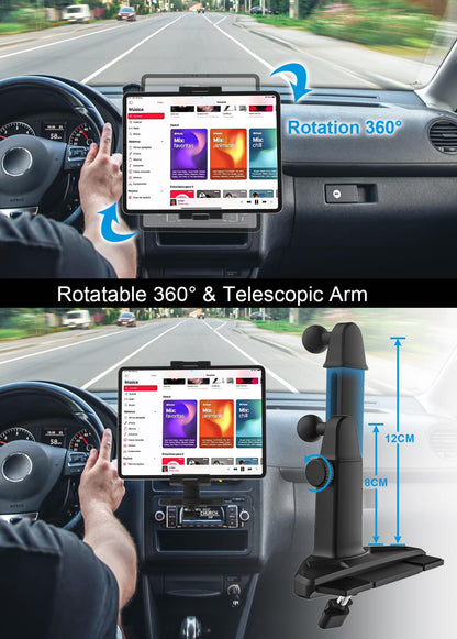 Oilcan car CD slot tablet holder, CD player tablet car mount with upgraded telescopic arm, CD slot holder for iPad Pro Air Mini, Galaxy Tab, Kindle, iPhone 4-12.9" smartphones & tablets.