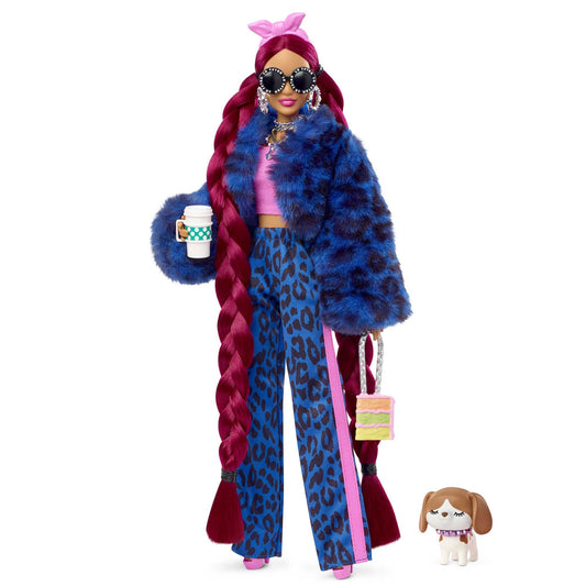 Barbie HHN09 - Extra doll in leopard print pants and fur jacket, with pet puppy, extra long hair and accessories, Flexible joints, Doll toy for children aged 3 and up, Multicolor