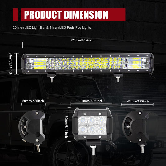 LED work light bar SKYWORLD 50cm 288W Lightbar LED spotlight combo auxiliary light 12V 24V + 2 x 10cm 18W off-road floodlight reverse lights with wiring harness for 4x4 trucks, cars, tractors, SUVs.