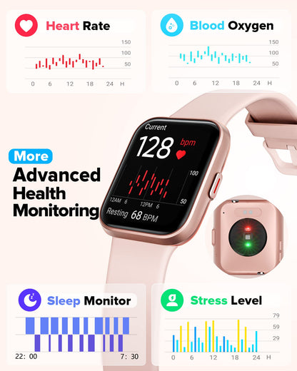 Women's smartwatch with phone function, 1.7" touchscreen pedometer watch with Alexa, 60+ sport modes, heart rate monitor, sleep monitor, SpO2, Whatsapp reminders, IP68 waterproof fitness tracker.