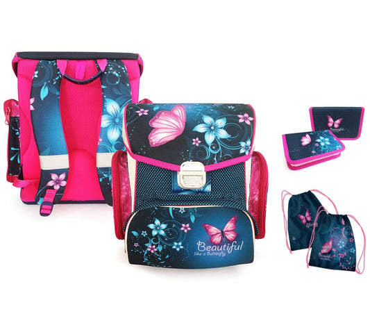 SCOOLSTAR Butterfly Schoolbag Set GIRLS 1st GRADE | 3-PIECE SET FOR ELEMENTARY SCHOOL | INCL. PENCIL CASE GYM BAG